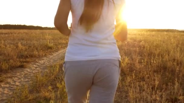 Młoda dziewczyna pociągi o zachodzie słońca i słucha muzyki. Sportive dziewczyna ze smartfonem i słuchawki jogging na wsi. Widok z tyłu — Wideo stockowe
