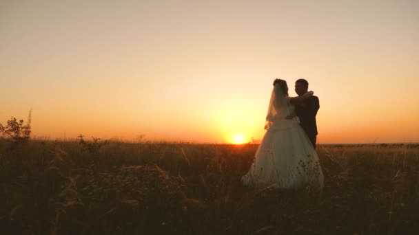 Joyeux câlin de mariée et marié dans le soleil brillant. amoureux jeunes mariés s'embrassent et se tiennent dans le champ sur fond d'un beau coucher de soleil. concept de mariage heureux . — Video