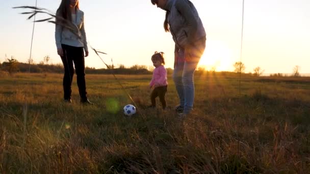 Barn som leker med små barn med fotboll i parken i strålar ljusa solen. Slow motion. barnen leker ball på fältet i kväll i solnedgången strålar. — Stockvideo