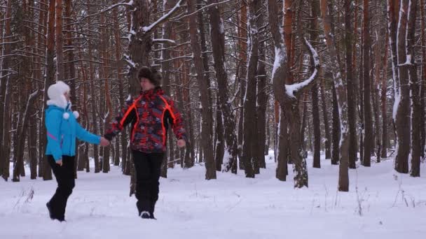 Los amantes hombre y mujer van por el camino nevado en el parque y se ríen. Pasar tiempo juntos en caminar en un día helado. Caminatas familiares en el bosque de pinos y sonrisas. Navidad — Vídeo de stock