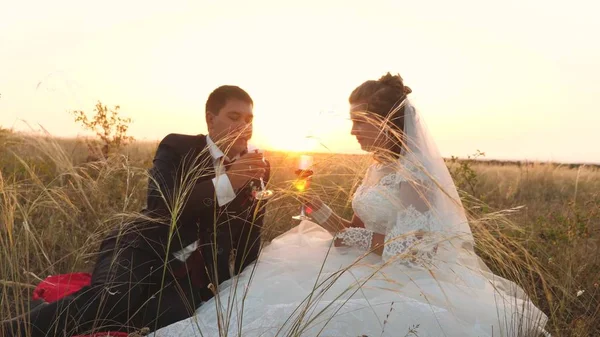 Šťastnému ženichovi nalévá lahodné sklenic vína nevěstě v poli v jasné paprsky slunce. zamilovaný novomanželé pijí šampaňské na louce v paprscích krásný západ slunce. koncept šťastný svatba — Stock fotografie