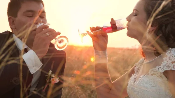 Happy bride and groom drink champagne from beautiful glasses in bright rays of sun. enamored newlyweds drink wine in meadow in rays of a beautiful sunset. happy wedding concept. close-up. — Stock Photo, Image