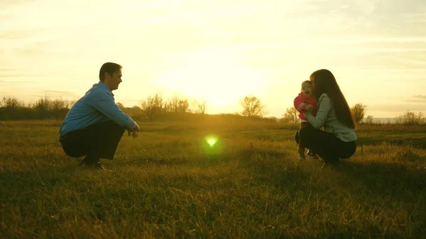 El bebé va al césped de papá a mamá. niño da los primeros pasos en el parque. mamá y papá juegan con el niño en la hierba al atardecer. concepto de felicidad familiar —  Fotos de Stock