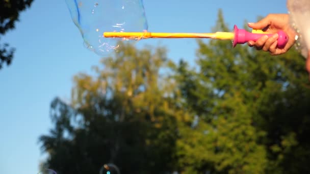 Chica soplando grandes burbujas en el parque de la ciudad contra el cielo azul. Primer plano. Movimiento lento — Vídeo de stock