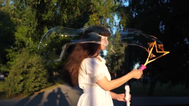 Дівчина дме великі мильні бульбашки і сміється під час прогулянки в парку. Літні прогулянки та ігри на природі — стокове відео
