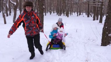 Baba Anne küçük bebek ile kızak çam parkı ve gülüyor alır. Aile Noel tatili sırasında iğne yapraklı orman rahatlatıcıdır. Çocuklar ve ebeveynleri