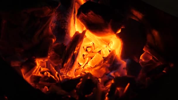 Laranja fogo queima madeira no escuro, cinzas no fogo, câmera lenta — Vídeo de Stock