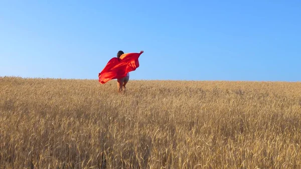 Süper kahraman kırmızı yağmurluk çalış genç kız mavi gökyüzü karşı sarı buğday araziyi çalışır — Stok fotoğraf