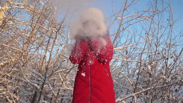 夕暮れ時の雪を吹くと冬の公園で笑顔の幸せな女の子。若い女の子は、冬の森で、彼女の手から雪を吹きます。雪に覆われた木々 と青空の背景です。スローモーション。クローズ アップ — ストック動画