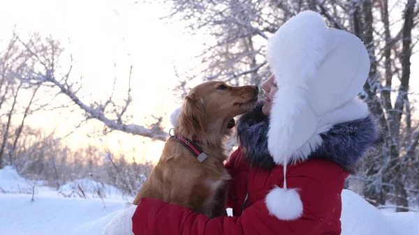 Belle fille sourit, caresse son chien bien-aimé en hiver dans le parc. fille avec un chien de chasse promenades en hiver dans la forêt. chien embrasse l'hôtesse . — Photo