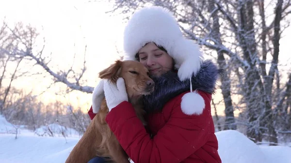 Güzel kız gülümsüyor, sevgili köpek kış aylarında parkta okşamalarla. kız bir av köpeği ile kışın Ormanda yürür. köpek hostes kisses. — Stok fotoğraf