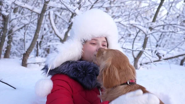Schöne Mädchen lächelt, streichelt ihren geliebten Hund im Winter im Park. Hund leckt Mädchen Gesicht. Mädchen mit Jagdhund geht im Winter im Wald spazieren. Hund küsst Gastgeberin. — Stockfoto