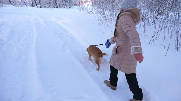 Bambino e cane stanno camminando lungo il sentiero nella foresta invernale. ragazza che gioca con il cane nella neve in inverno nel parco . — Foto Stock