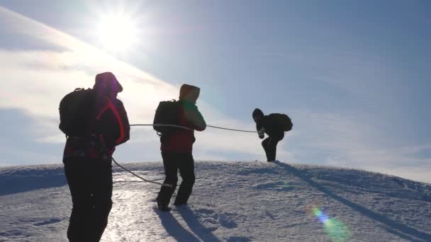 3 Alpenists は、雪の山にロープを登る。観光客は、困難を克服ハイツを揺れのチームとして一緒に作業します。旅行者のシルエットが太陽の光線で氷の上丘の上の彼らの勝利に上昇します。. — ストック動画