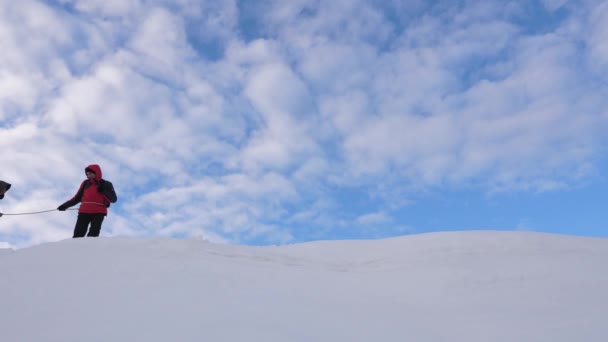 Bergbeklimmers vastgebonden met touw volgen elkaar langs besneeuwde bergkam. team van reizigers in de winter Ga naar de top van de berg. goed gecoördineerde teamwerk toerisme in de winter — Stockvideo