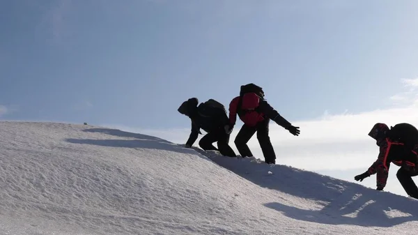 Hand in Hand erklimmen Bergsteiger den Gipfel eines schneebedeckten Berges. Das Reiseteam im Winter geht an sein Ziel, Schwierigkeiten zu überwinden. gut koordinierter Teamwork-Tourismus. — Stockfoto