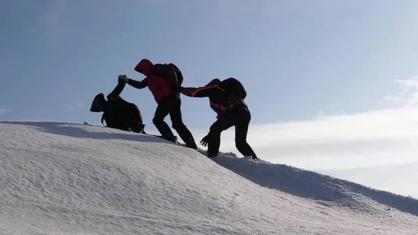 Escaladores mano a mano subir a la cima de una montaña nevada. el equipo de viajeros en invierno van a su objetivo de superar las dificultades. turismo de trabajo en equipo bien coordinado . —  Fotos de Stock
