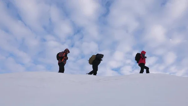 Ekip çalışması insanlar zor koşullarda. dağcı ekibi kışın dağ tepesine git. Yolcular başka bir karlı sırt izleyin. Kışın iyi koordineli çalışması turizm — Stok fotoğraf