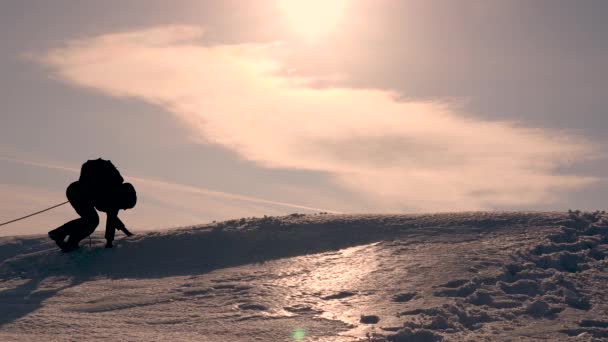 Gut koordinierte Teamarbeit im Wintertourismus. Kletterer, die mit einem Sicherheitsseil gefesselt sind, erklimmen schneebedeckten Hügel. Reiseteam im Winter auf dem Weg zur Überwindung von Schwierigkeiten. — Stockvideo