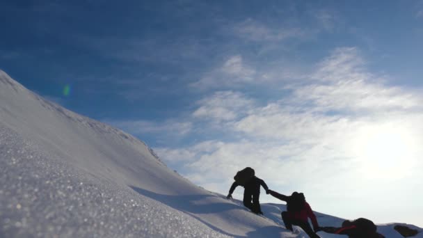 Kézenfogva segít minden más mászni egy havas hegy hegymászók. téli turizmus jól összehangolt csapatmunka. Télen utazó csapat megy a cél, a nehézségek leküzdésére. — Stock videók