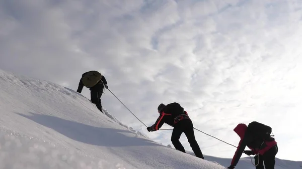 出張は強い風で雪の上り坂を勝利にロープを登る。冬の観光客は、困難を克服のチームとして一緒に作業します。冬の 3 つの Alpenists 山にロープを登る. — ストック写真