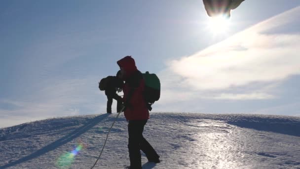 Team of business people climb to the top of their success. teamwork business people. three climber climb rope on snowy mountain. people work together to overcome difficulties. — Stock Video