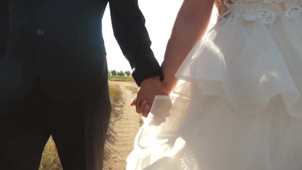 Deux amoureux heureux vont sur la route en se tenant la main, Gros plan. Concept familial d'amour et de loyauté . — Video