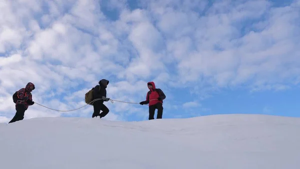 Iple bağlı dağcıların birbirlerine karlı ridge izleyin. takım yolcuları kışın dağ tepesine git. Kışın iyi koordineli çalışması turizm — Stok fotoğraf