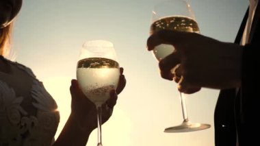 seven çift, takım çalışması. başarı ve zafer kutluyor. Şampanya parıldıyor ve güneşte köpükler. portre. İki aşık ile köpüklü şarap şarap gözlük günbatımı arka plan üzerinde tutarak. Ağır çekim.