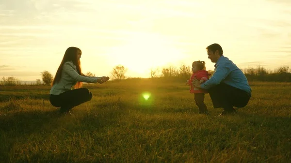 Mama i tata grać z dzieckiem na trawie o zachodzie słońca. koncepcja szczęście rodzinne. dziecko idzie na trawnik od taty do mamy. dziecko bierze pierwsze kroki w parku. — Zdjęcie stockowe