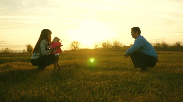Mamma och pappa spela med kid på gräset vid solnedgången. familj lycka koncept. Baby går på gräsmattan från pappa till mamma. barn tar första stegen i park. — Stockfoto