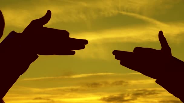 Niños muestran con las manos la silueta de un animal. juego de sombras. Los niños hacen forma de perro con las manos al atardecer. niñas sostienen el gesto de un perro símbolo con los dedos contra el cielo . — Vídeo de stock