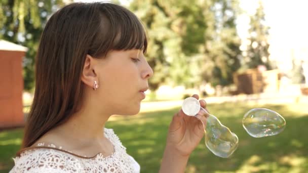 Fille heureuse soufflant de belles bulles de savon dans le parc au printemps, été et souriant. Au ralenti. jeune fille voyageant à travers la ville dans le parc . — Video