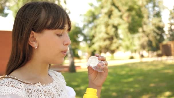 Menina feliz soprando belas bolhas de sabão no parque na primavera, verão e sorrindo. Movimento lento. menina viajando pela cidade no parque . — Vídeo de Stock