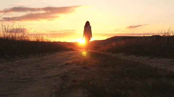 Sexy mujer de negocios caminando a lo largo de un camino de campo con un maletín en la mano, el sol brilla al atardecer. Chica sexy de negocios trabajando en el campo. hermosa chica viaja por el campo . —  Fotos de Stock