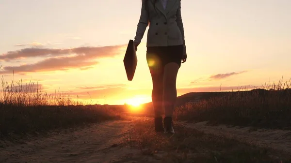 Femme d'affaires sexy marchant le long d'une route de campagne avec une mallette à la main, le soleil brille au coucher du soleil. Fille d'affaires sexy travaillant à la campagne. belle fille parcourt la campagne . — Photo