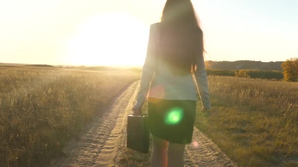 Sexy mulher de negócios menina trabalhando na área rural. agricultora inspeciona terra ao pôr-do-sol. conceito de negócio agrícola. mulher de negócios andando ao longo de uma estrada rural com uma pasta na mão . — Vídeo de Stock