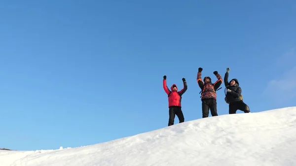 Os viajantes chegam ao topo de uma colina nevada e desfrutam da vitória contra o céu azul. trabalho em equipa e vitória. trabalho em equipe de pessoas em condições difíceis. turistas viajam na neve no inverno . — Fotografia de Stock