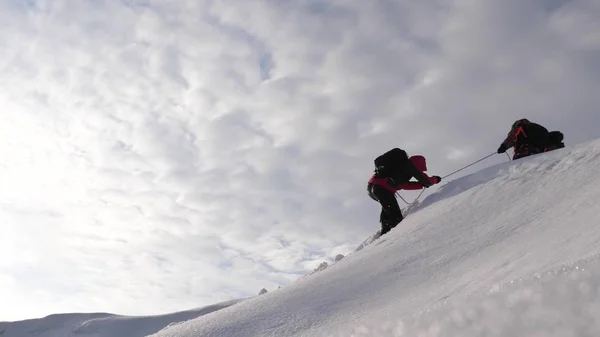 Τρεις Alpenists το χειμώνα ανεβείτε το σχοινί στο βουνό. Ταξιδιώτες ανεβαίνουν σχοινί νίκη τους μέσα από χιόνι ανηφορικά σε ένα ισχυρό άνεμο. Οι τουρίστες το χειμώνα λειτουργούν μαζί ως ομάδα ξεπερνώντας δυσκολίες. — Φωτογραφία Αρχείου