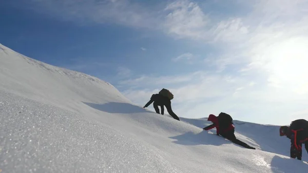 Teamwork will siegen. Bergsteiger erklimmen den Gipfel eines schneebedeckten Berges in Alaska. Reisende in der Arktis auf einem Hügel in den hellen Sonnenstrahlen. Sibirien-Konzept des Sporttourismus. — Stockfoto