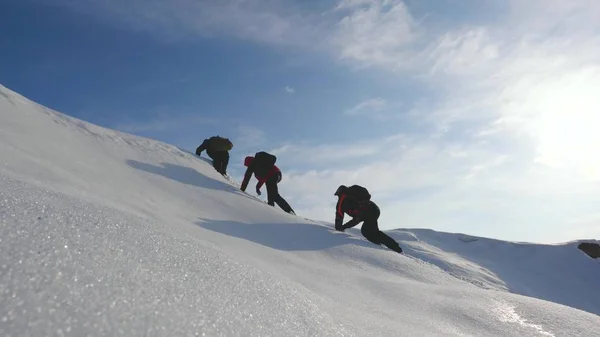 Trabajo en equipo deseo de ganar. Los escaladores suben a la cima de una montaña nevada en Alaska. viajeros en el Ártico en una colina en los brillantes rayos del sol. Siberia concepto de turismo deportivo . —  Fotos de Stock