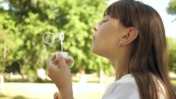 Chica joven jugando en el parque y soplando burbujas de cerca. En cámara lenta. Hermosa chica soplando burbujas de jabón en el parque en primavera, verano y sonriendo . — Vídeos de Stock