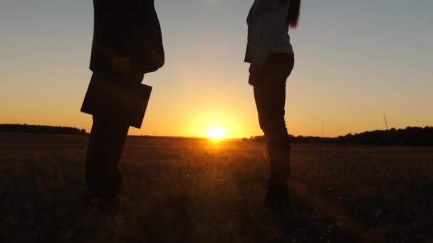 Trabalho em equipe de homem de negócios e mulher de negócios. empresário e empresária fizeram acordo, passar pasta preta para o outro e apertar as mãos contra o pano de fundo do pôr do sol contra o céu azul . — Vídeo de Stock