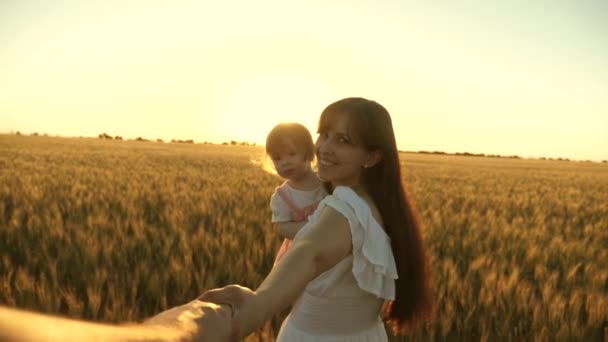 Krásná matka s dcerou chodí na hřiště s pšenicí a drží ji za ruku. šťastná matka, dítě a tatínek se drží za ruce. Zpomaleně. rodina jde přes pole, drží se za ruce. — Stock video