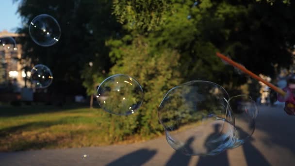 Rodinné hry nafoukne velké mýdlové bubliny v parku v létě, na jaře. dětské dekorace pro dovolenou. Detail. Zpomalený pohyb. koncepce rodinné dovolené. — Stock video