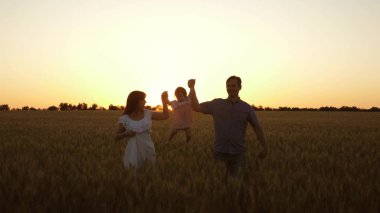 Anne ve babası ile mutlu kızı olgun buğday alanında yürürken, Bebek parçalanmış. Anne ve babada buğday ile oynayan ve gülümseyen bir bebek. mutlu aile ve çocukluk konsepti