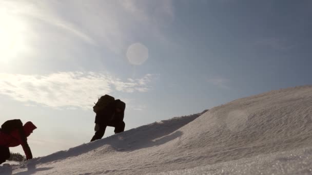 旅行者のチームは困難を克服し、彼の目標に行きます。観光客は、アラスカの雪山登山で手をつないでいます。北の冬の観光における協調的なチームワーク登山. — ストック動画