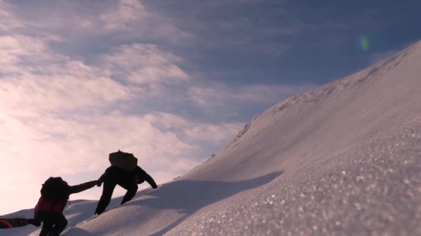 Viajeros de la mano en invierno van a su victoria superando las dificultades. escaladores tomados de la mano ayudándose mutuamente a subir una colina nevada. un trabajo en equipo bien coordinado en el turismo de invierno . — Vídeo de stock