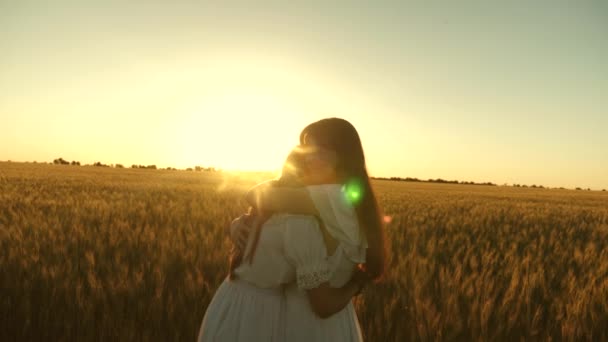 成年女儿在她母亲的怀抱在阳光的田野。妈妈抚摸着女儿的头发。妈妈在美丽的夕阳下轻轻地拥抱女儿。幸福家庭理念. — 图库视频影像