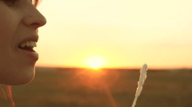 güzel güneş ışığında kabarcıklar üfleme genç bir kadının dudakları. mutlu kız ilkbahar, yaz ve gülümseyerek sahilde parkta güzel sabun kabarcıkları üfleme. Yavaş çekim.